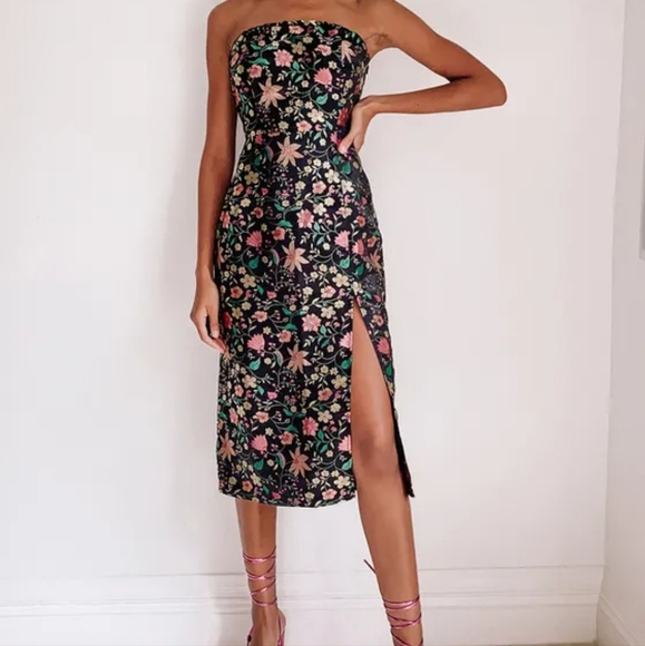 Lulus Make a Move Black Satin Floral Jacquard Strapless Midi Dress NWT Medium - Picture 7 of 8